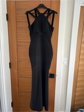 Emerald Sundae Black Mermaid Strappy Maxi Dress w/Sheer Panels & High Neckline